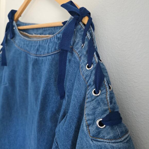 Anthropologie Maeve Denim Mini Dress Tunic Size M Shoulder Tie Boho Cottage - Picture 4 of 9